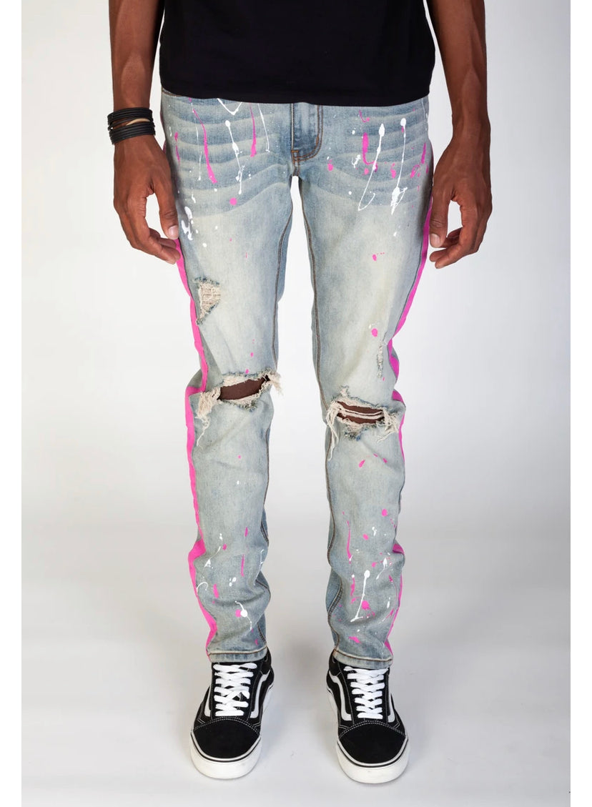 Pink Striped Jeans With Paint Splatter